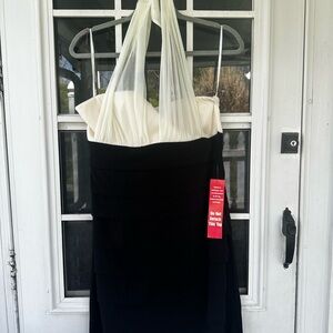 Elegant Black and Cream Halter Evening Dress